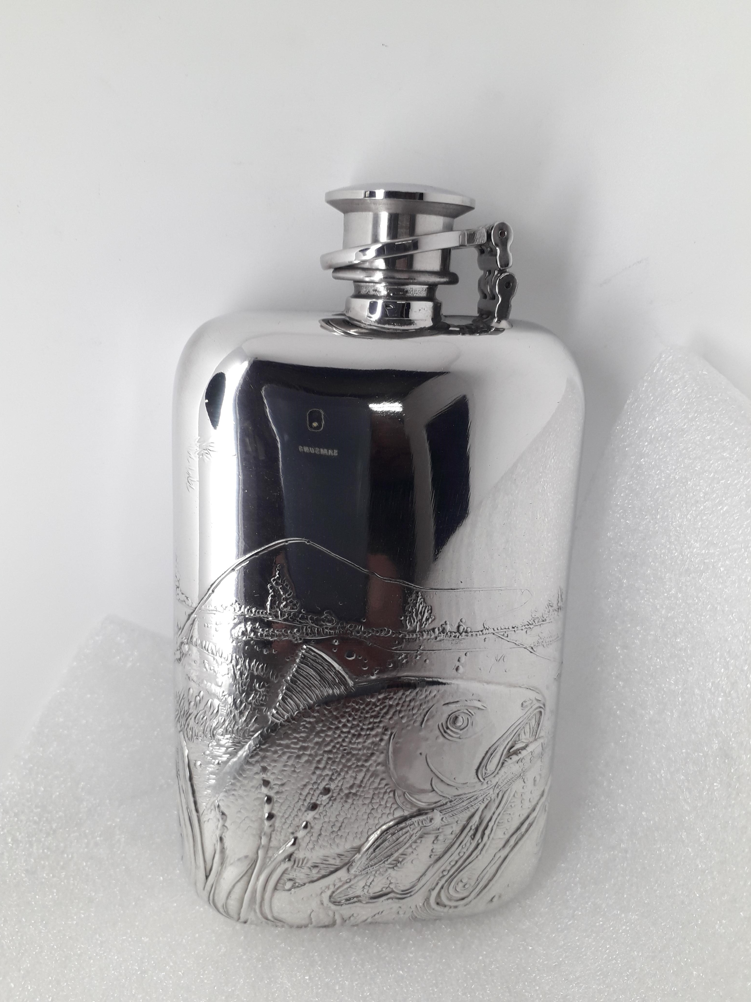 F139 6oz Stamped flask the Big Fish captive top fitted (image for) F139 6oz Stamped flask the Big Fish captive top fitted